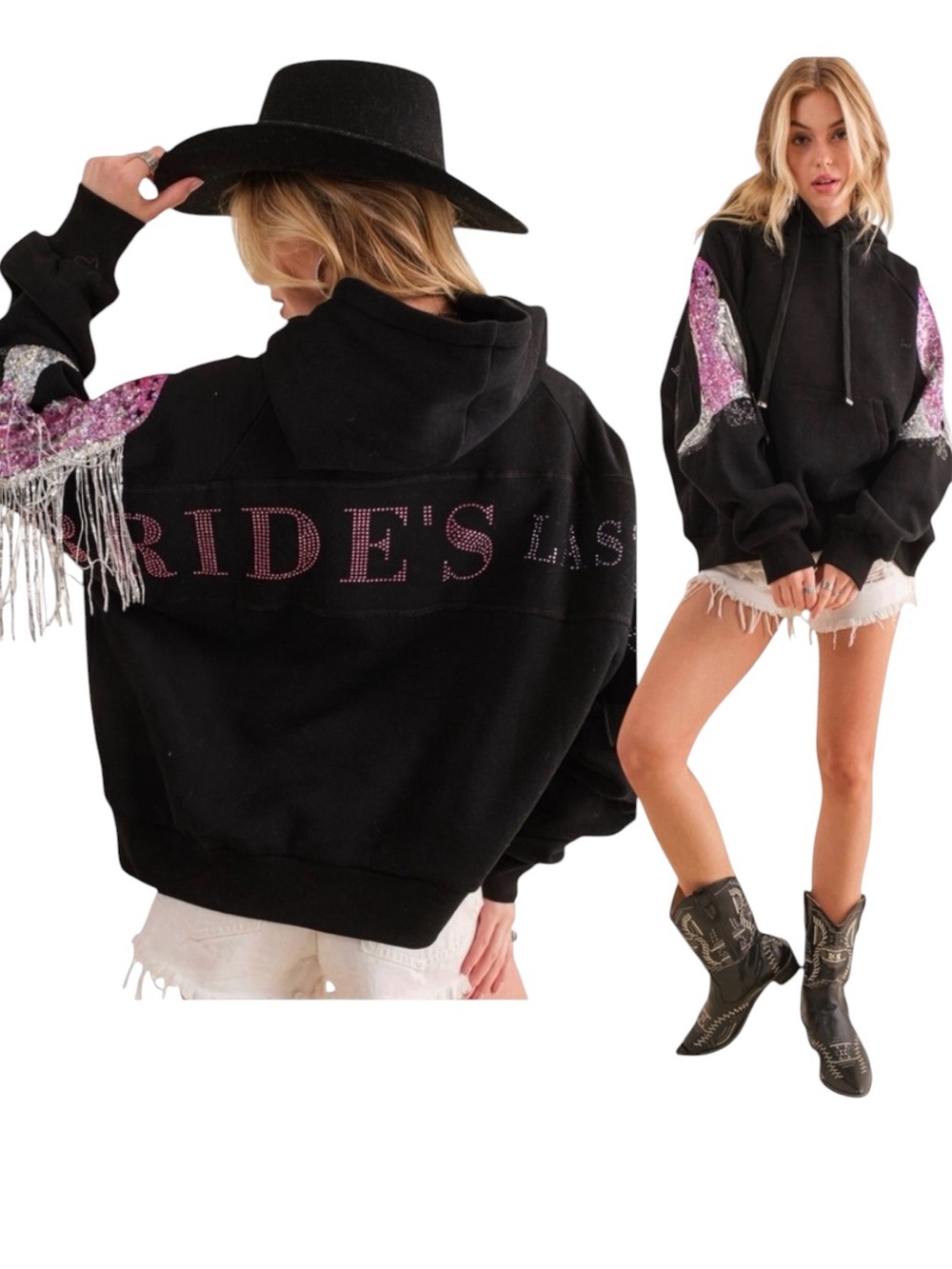 blue b Bride's Last Ride Rhinestone Sequin Fringe Cowboy Boot Black Sweatshirt